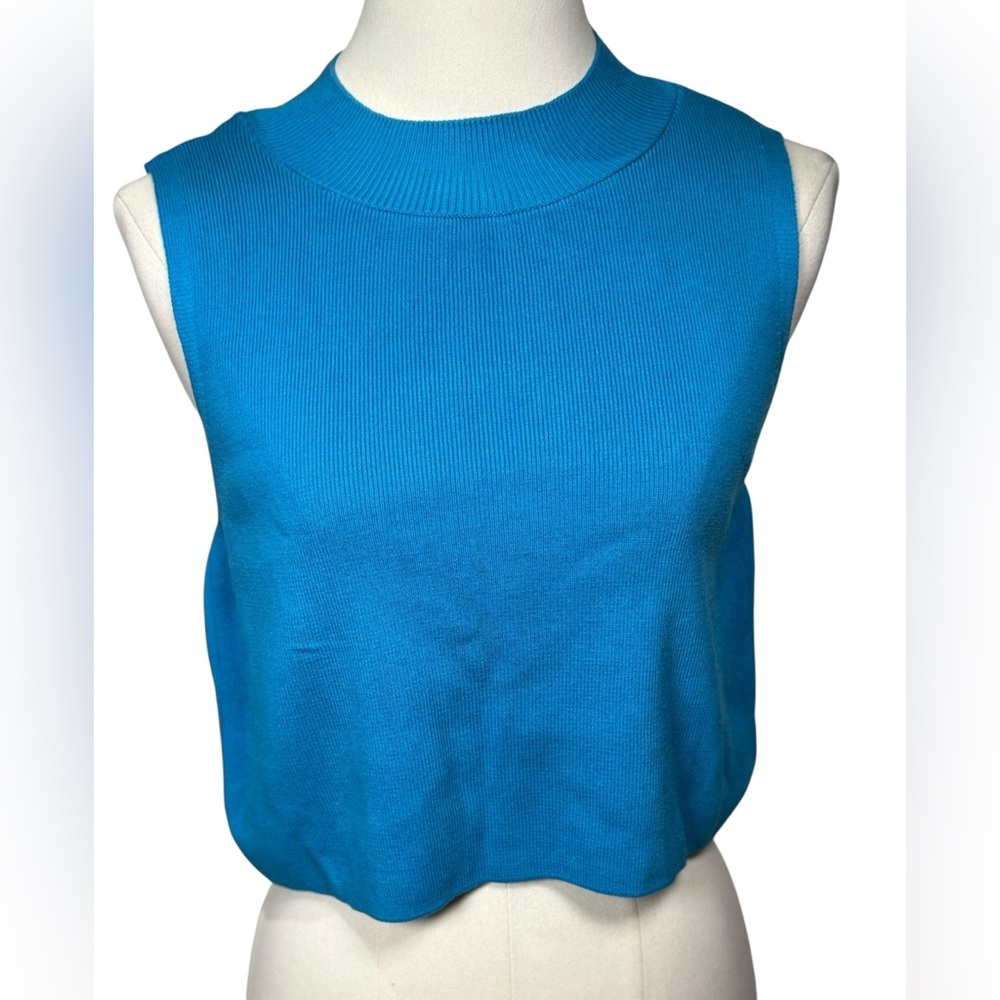 Primark Sleeveless Ribbed Knit Mock Neck Tank Top in Blue Size Medium
